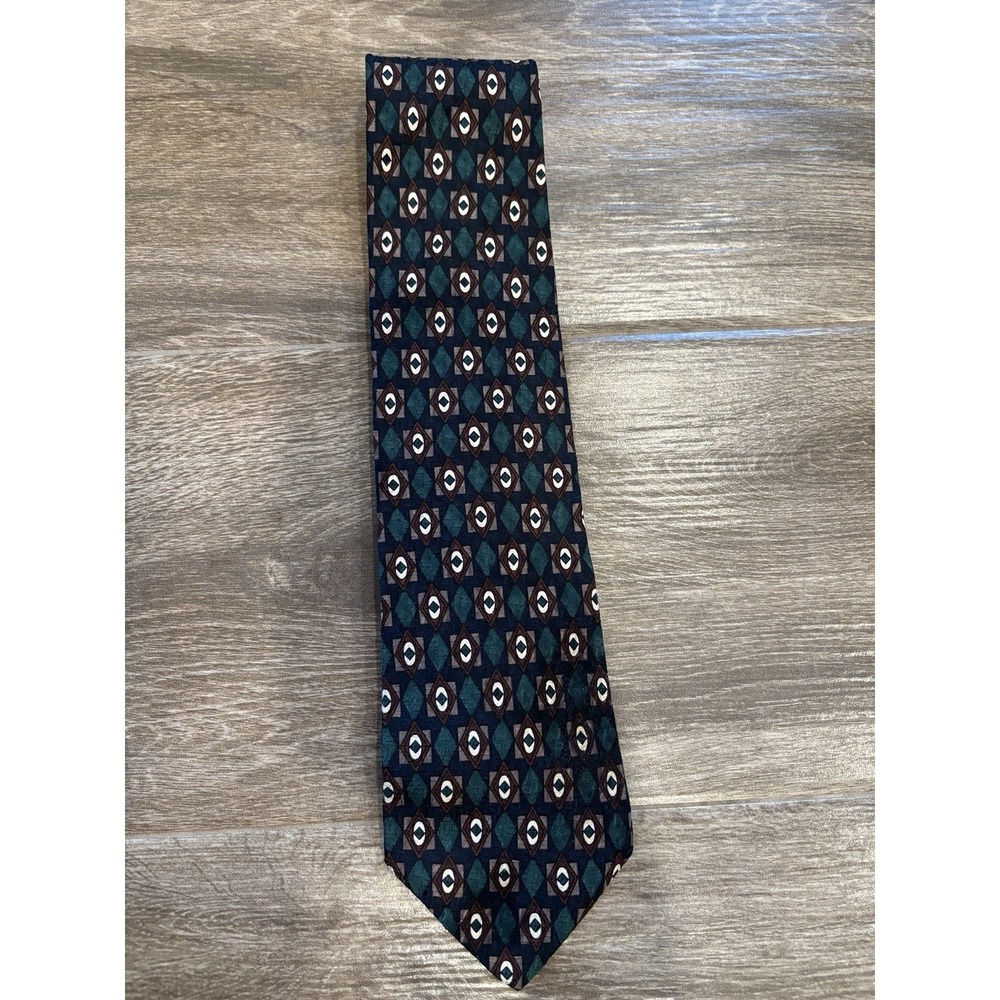 Geoffrey Beene‎ Men's 100% Silk Tie Geometric Chocolate Brown Hunter Green Navy